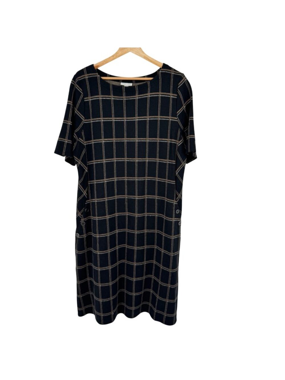 J. Jill Black Tan Plaid Ponte Dress Short Sleeve size Large Womens